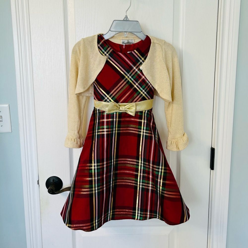 Rare
Editions Sparkle Christmas Plaid Dress with Gold Sweater Jacket! 🎁🎄